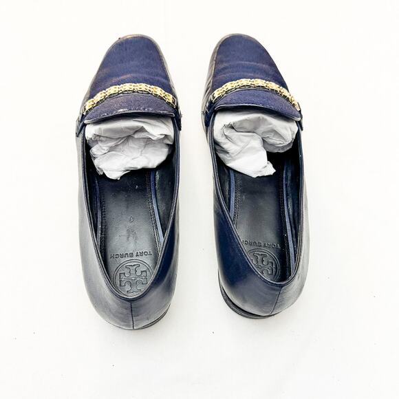 Tory Burch Gemini Cow Fur Link Loafer Leather Navy Blue Size 11 EUC - Picture 2 of 5